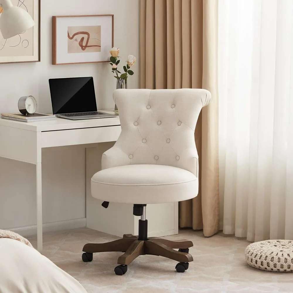 Ergonomic Home Office Chair | Adjustable Height Swivel Chair with Linen Upholstery & Wooden Legs for Comfort & Style
