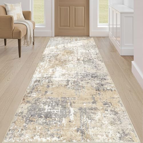 Runner Rug Kitchen Washable Rugs: 3x8 Non-Slip Abstract Soft Modern Stain Resistant Indoor Floor Neutral Accent Throw Carpet for Hallway Bathroom Laundry Room Entryway Bedroom- Gray Gold