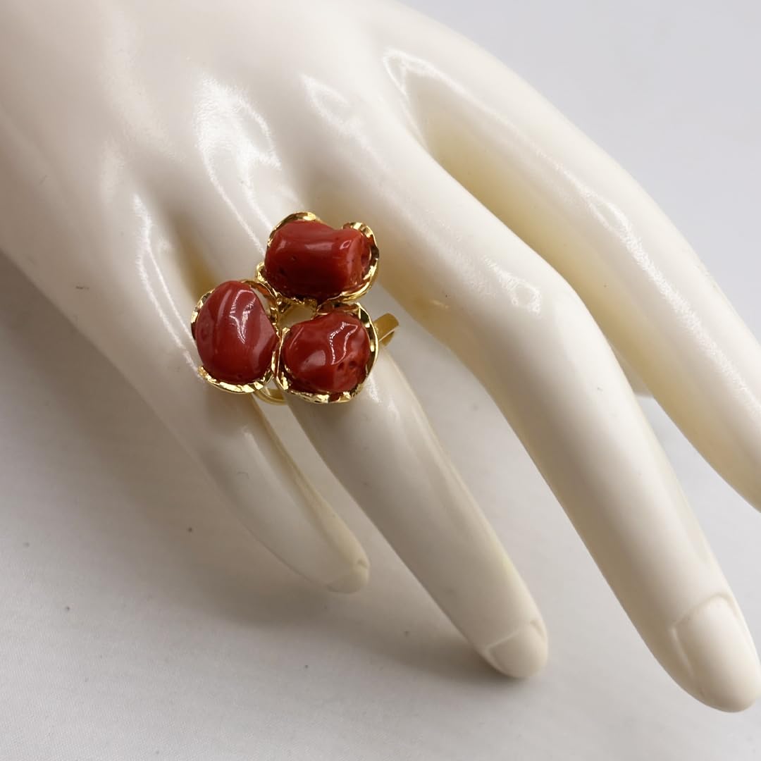 Anello da donna e ragazza miusra regolabile in argento 925 dorato con tripla spola barocca corallo rosso naturale del Mediterrano gioiello unico artigianale