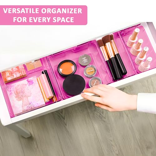 Image of Kuber Industries Acrylic Set of 25 Transparent Cosmetic Organizer Tray | Drawers Organisers for Kitchen, Office and Bathroom Vanity Makeup | Stationery Storage Drawer Divider Tray | Pink