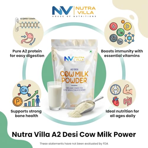 Image of NutraVilla A2 Desi Cow Milk Powder | Organic Grass Fed Whole Milk Powder | No Antibiotics, No Hormones | Rich in Protein & Calcium | Premium Natural Dairy Powder | 200g x 2 Pouches (400g Total)