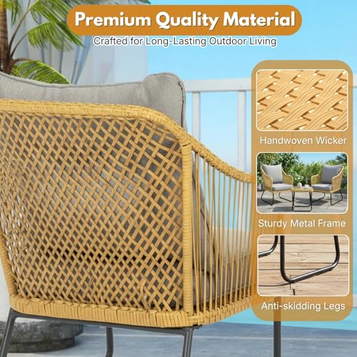 Image of DEVOKO 3-Piece Patio Furniture Set Handwoven Wicker Chairs with Waterproof Cushions,Glass Top Coffee Table Perfect Porch Bistro Set for Backyard, Garden, and Deck