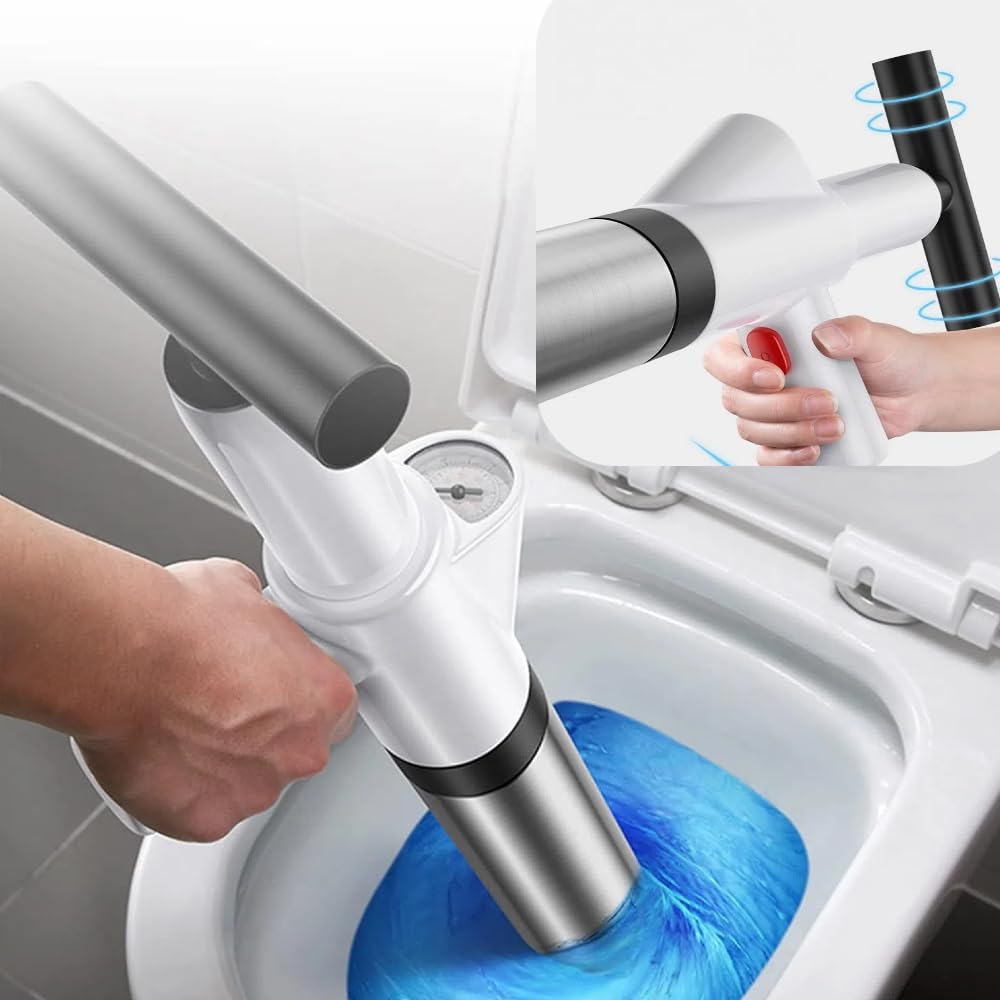 Déboucheur de Toilettes à Air Comprimé Déboucheur de Canalisation WC à Haute Pression avec Baromètre Débloqueur de Toilette avec 3 Têtes de Piston