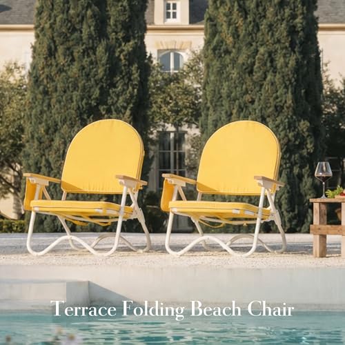 Image of Padded Low Beach Chair, 4-Position Folding Outdoor Chair with Wooden Armrests, Cushioned Seat, Storage Pouch & Carry Strap for Beach, Patio and Lawn, Harbour Mimosa