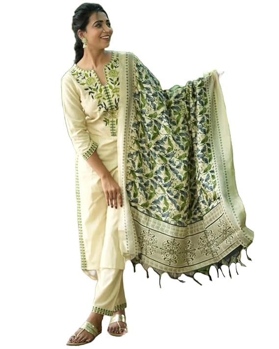 T.K Enterprises Women's Cream Embroidered Cotton Kurta Pant & Dupatta Set-image-27