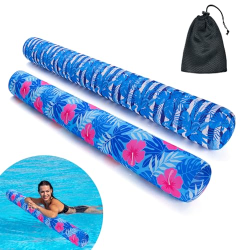 Inflatable Swimming Pool Noodle, 2 Pack Soft Fabric Quick Drying Covered Large Pool Floats Noodles, Premium Buoyancy Swim PoolFloats with Portable Storage Bag for Pool Party Toy(Tropical/Plants)