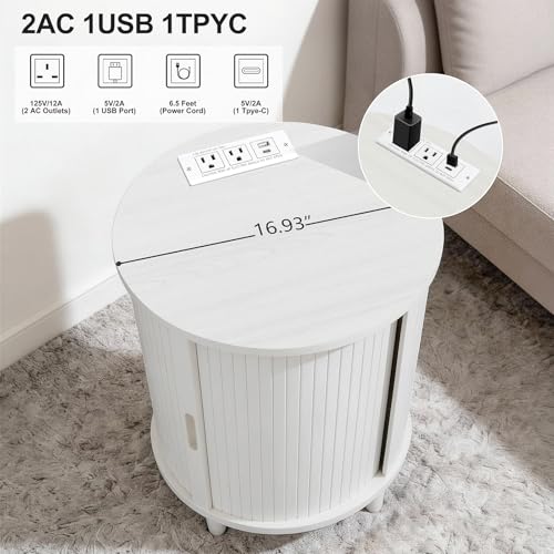 Image of DHH End Table Set of 2 with Storage & Charging Station, Fluted Accent Side Table with Sliding Door & Adjustable Shelf, Mid-Century Nightstand for Small Spaces, Living Room, Bedroom(2, White)