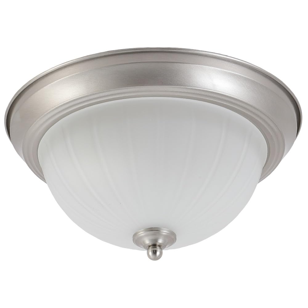 Britalia Satin Chrome & Opal Frosted Ribbed Glass Vintage Round Flush Ceiling Light | 29cm Diameter | 2 x SES E14 Lamps Required | UK Approved | Low Profile Height of 15cm | American Diner