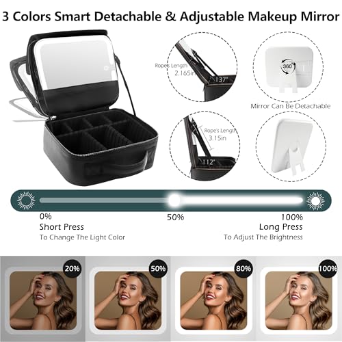 Image of MOMIRA Travel Makeup Bag Cosmetic Bag Makeup Organizer Bag with Lighted Mirror, Adjustable Brightness in 3 Color Scenarios, Waterproof Makeup Train Case, Gift for Women - Woven black