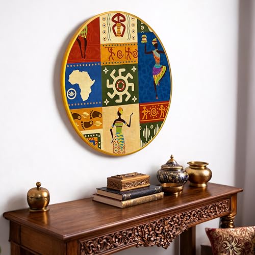 Image of African Tribal Round Framed Wall Art Painting For Living Room | Ethnic Cultural Abstract African Theme Wall Art Painting With Frame for Home, Bedroom & Office, 16 Inch