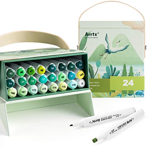 Arrtx ALP Alcohol Marker Pen 24 Groene Toonkleuren, Dual Tips Marker Set Permanente Art Sketch Marker met Carry Box Perfect voor strips, tekenen, schetsen, schilderen, kleuren, krabbelen, etc.