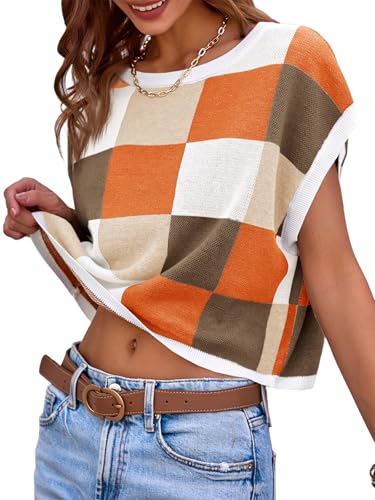 Image of Saodimallsu Womens Cap Sleeve Crop Tops Summer Color Block Going Out Crew Neck Knit Trendy Casual Sweater