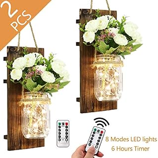 AerWo 2Pcs Mason Jar Sconces Wall Decor with LED Fairy Lights and Flowers