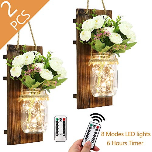 AerWo 2Pcs Mason Jar Sconces Wall Decor with LED Fairy Lights and Flowers