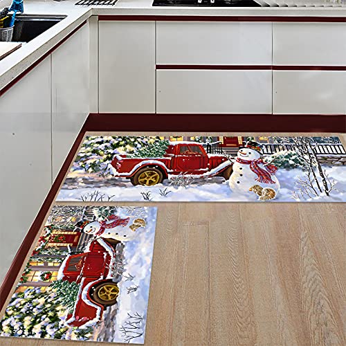 Christmas Kitchen Rugs and Mats Set of 2 Christmas Snowman Winter New Year Red Truck Xmas Tree Anti Fatigue Floor Mat Area Runner Rug for Kitchen Sink Living Room Bedroom 24