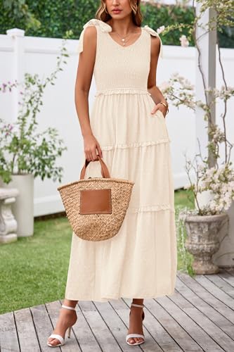 Okiwam Womens Summer Dresses 2025 Sleeveless Tie Strap Maxi Long Flowy Beach Sundresses Boho Swiss Dot Fall Wedding Dresses
