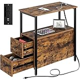 Rolanstar End Table with Charging Station, Narrow Side Table with 2 Wooden Drawers and USB Ports & Power Outlets, Nightstand Sofa Table for Small Spaces, Living Room, Bedroom, Rustic Brown