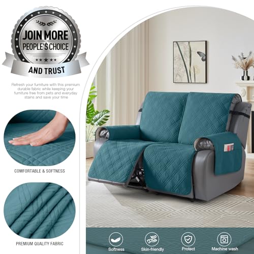 Image of TAOCOCO 100% Waterproof Loveseat Recliner Covers 2 Seater, Split Loveseat Covers for Reclining loveseat, Non Slip Reclining Couch Cover with Double Straps for Kids, Pets(2 Seater, Peacock Blue)
