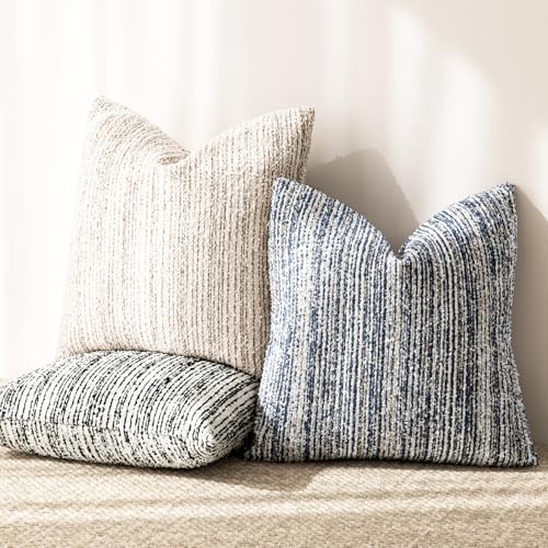 Image of Foindtower Set of 2 Faux Fur Textured Modern Throw Decorative Pillow Covers Square Accent Striped Cushion Sherpa Boho Farmhouse Pillowcase for Couch Living Room Home Decor 18x18 Inch,Black and White
