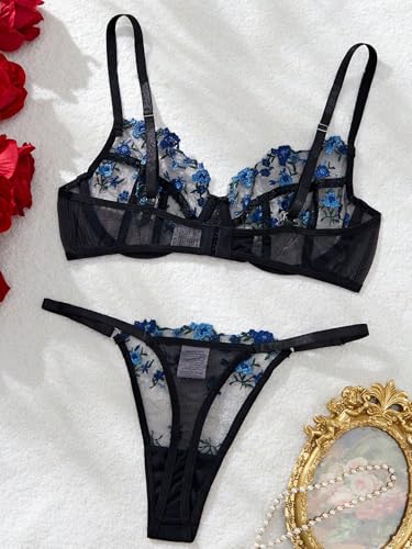 Image of Sexy Floral Embroidered Flower Mesh Underwire Push Up Lingerie Set
