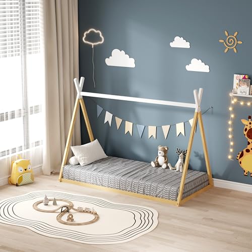 MINEA | Lit tipi pour Enfant en Bois Naturel et Blanc 90x190 cm Indy (Matelas Non Inclus)