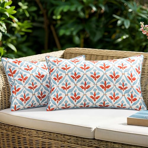 Image of MIULEE Pack of 2 Decorative Outdoor Waterproof Throw Pillow Covers Flower Print Chic Boho Accent Pillow Covers for Square Garden Patio Cushion 12x20 Inch, Blue-Rust