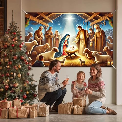 BlissYard Christmas Banner Nativity Scene Jesus Birth Religious Holiday Decoration Holy Family Baby Jesus Manger Biblical Xmas Wall Decor Photo Backdrop for Church Home Display 71 X 43 Inches by BlissYard - Image 2