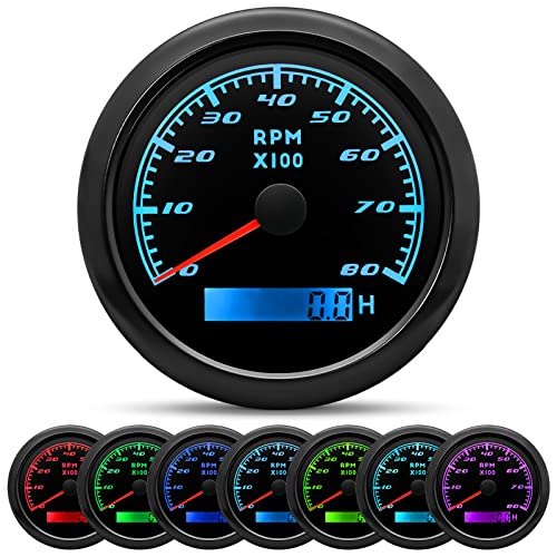MAIMEIMI Tachometer Gauge 7 Color 0-8000 RPM Tacho Meter 85mm 3 3/8 for Auto Boat Marine Vehicle for 1-10 Cylinder Diesel and Gasoline EngineBlack