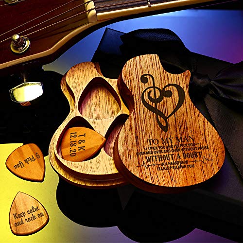 VEELU Wooden Guitar Picks Box Holder Collector with 3pcs Custom Guitar Pick for Acoustic Electric Bass Guitar