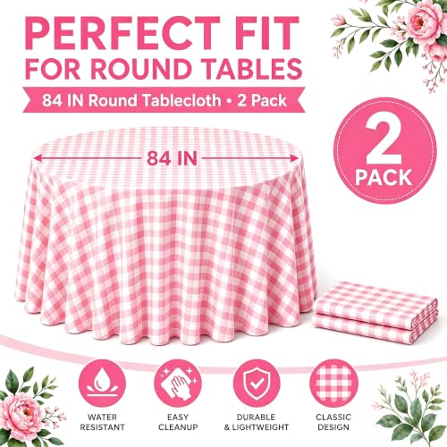 Image of WNINK 2 Pack Pink Gingham Round Tablecloth, 84 Inch Disposable Plastic Table Covers, Pink Checkered Round Table Cover for Birthday Parties, Holiday, Picnic, BBQ, Family Gathering Party Supplies