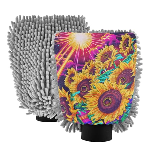 IOACIY Absorbent Microfiber Car Wash Drying Mitts, 2 Pack, Scratch-Free & Lint-Free, Rich Foam, Highly Absorbent, Double Sided, Wash Mitt Perfect for Car Washing, L, Sunflower (24)