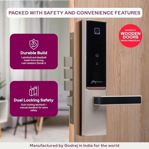 Image of Godrej Smart Lock | The Only 7 in 1 NFC Digital Lock with Scheduled Biometric Access | VDP Compatible | Wooden Door in Home & Offices | Vegas Gold | 3 Yrs Warranty | Made in India | Free Installation