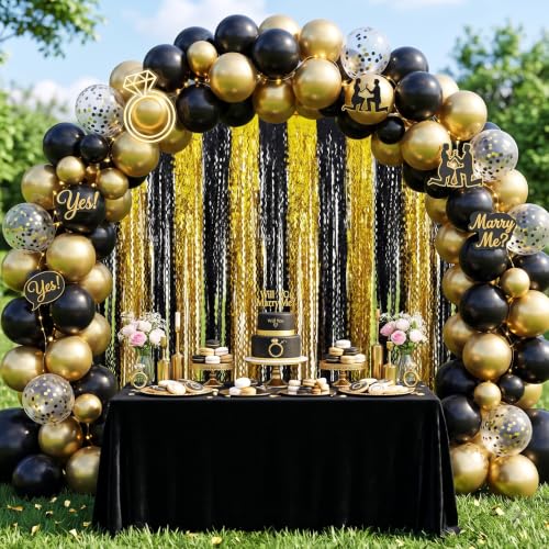 Image of TONIFUL 2Pcs Wavy Black Gold Metallic Tinsel Foil Fringe Curtains Streamers | 3.3ftx6.6ft Photo Booth Backdrop Tinsel Streamer Curtain, Props for Bachelorette Birthday New Year Graduation Christmas Decor
