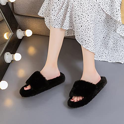 Women 2025 Fleece Lining Slipper Open Toe Fuzzy Casual Slide Comfy Keep Warm Sandal Lightweight Winter Indoors Shoes2