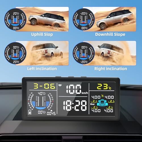 Liwogi Multifunktional Tpms Reifendruckkontrollsystem mit 4 externen Sensoren Solaraufladung Monitor Universal Mit Geschwindigkeit, Steigung und Höhe HUD Display,9.9BAR/199Psi für SUV Van Auto