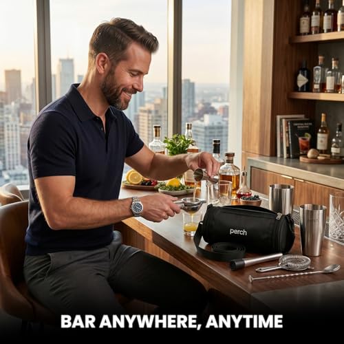 Image of O' Holic by Perch Portable Bar Bag Set | Premium Leatherette Travel Bartender Kit | 13-Piece Cocktail Shaker Set with Jigger, Strainer, Muddler & Bar Tools | Premium Gift for Men| Silver