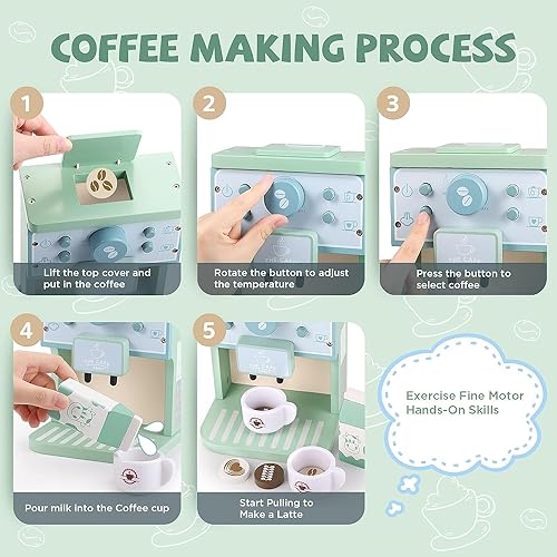 Image of Wooden Coffee Machine Toy Set with Acessories- Pretend Play Toys for Kids- Kitchen Toys for Girls & Boys