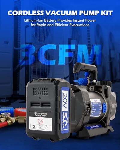 Image of Orion Motor Tech Cordless Lithium-Ion HVAC Vacuum Pump, 3 cfm Vacuum Pump, Battery-Powered Auto AC Vacuum Pump for R134a R410a R1234yf Systems, 1 /4hp Single Stage Vacuum Pump Automotive