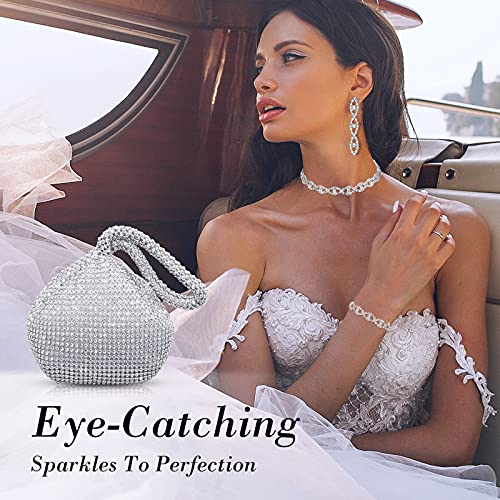 MTLEE 4 Pieces Rhinestone Necklace Choker Bracelet Earring Clutch Purses Jewelry Set Women Crystal Triangle Bling Diamond Purse Rhinestone Bag for Wedding Party2