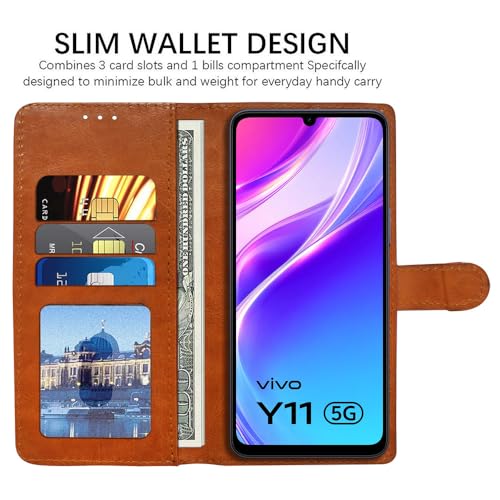 Image of Flip Cover Back Case Compatible with Vivo Y05 5G / Y11 5G / Y21 5G | Premium Leather Finish | Inbuilt Pockets & Stand | Flip Cover Back Case for Vivo Y05 5G / Y11 5G / Y21 5G (CamelBlack)