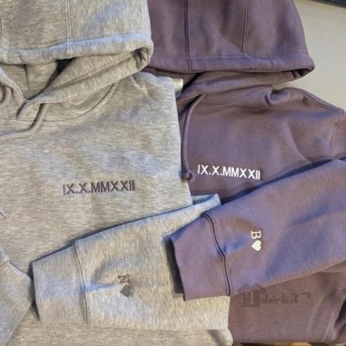 Personalized Embroidered Roman Numeral Hoodie With Date And Initial,Custom Couple Sweatshirt, Unisex White3