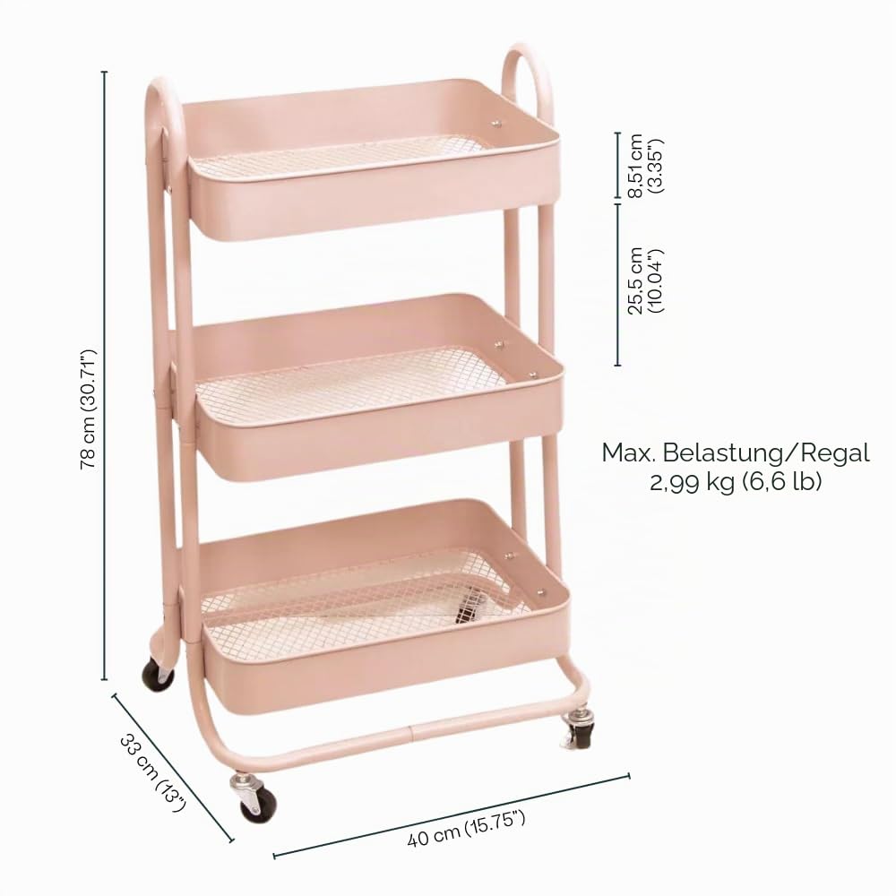 Craftelier - Metall-Organisationswagen mit 3 Fächern | 4 Lenkrollen 360º mit Bremsen | Max. Fachlast 2,99 kg | Abstand zwischen den Fächern 25,5 cm | Größe 78 x 40 cm - Farbe Rosa