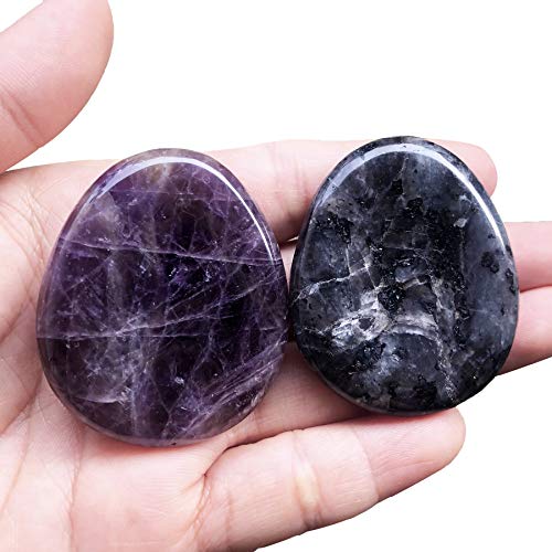 favoramulet Amethyst & Black Labradorite Teardrop Thumb Worry Stone for Anxiety, Healing Crystal Pocket Palm Stones Therapy Geometry Chakra Reiki Balancing, Pack of 2
