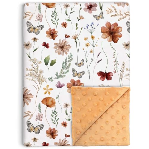 Image of Wildflower Baby Blanket for Girls, Boho Flower Toddler Soft Minky Blanket with Double Layer Dotted Backing, Nursery Newborn Baby Receiving Blanket Butterfly Flower Garden, 30"x40"