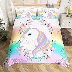 Colchas Para Adolescentes Mujeres Loussiesd Set de ropa de cama de 2 uds., funda de edredón con diseño de fantasía con unicornio, flores, caballo, animales, para niños, adolescentes y mujeres, tamaño individual
