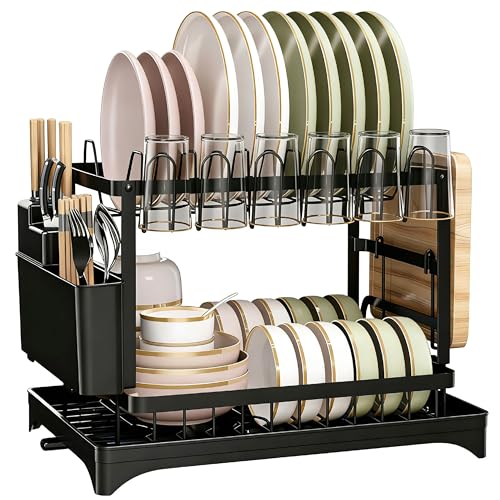 HuaCommerce Égouttoir à vaisselle à 2 niveaux en acier inoxydable avec bec pivotant à 360° et bac d'égouttement - Égouttoir à vaisselle pratique avec...