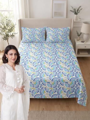 Image of Mafatlal 144 TC Cotton Bed Sheets for Double Bed, Floral Print Double bedsheet with 2 Pillow Covers, 90x100 Size Pure Cotton Full Bed Sheet chadar|Blue N White