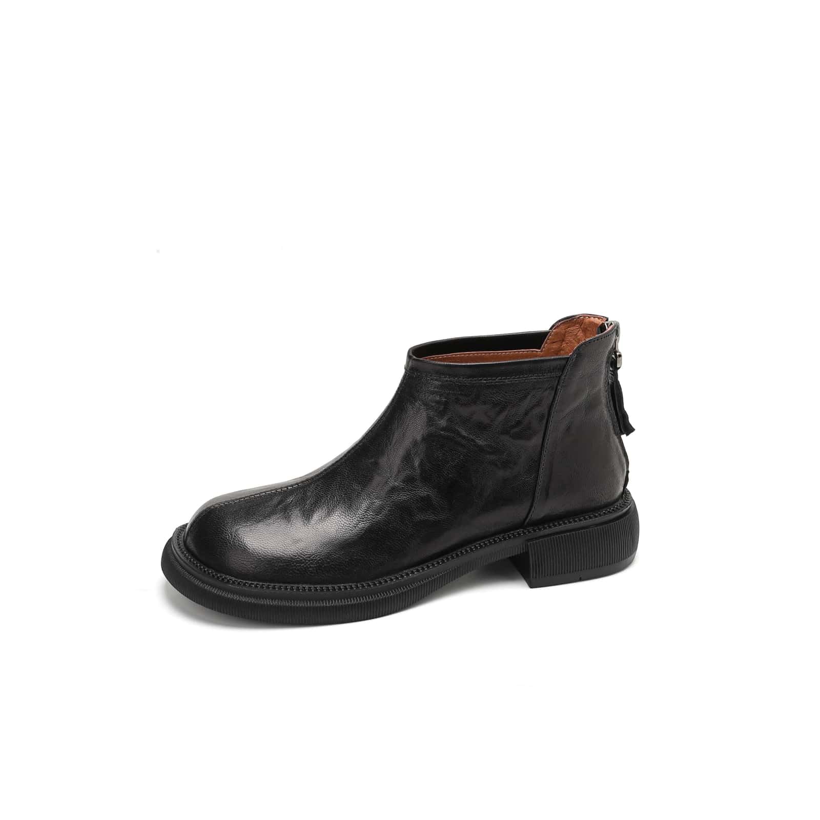 TinaCus Womens Leather Back Zipper Ankle Boots Genuine Leather Handmade Round Toe Stacked Heel Booties