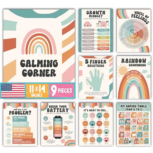 Hadley Designs 9 Calming Corner Posters For Classroom Must Haves For Teachers -11x14 Calm Down Corner Supplies, Feelings Chart For Kids Ages 4-8, Feelings Wheel Poster, Retro Classroom Decor