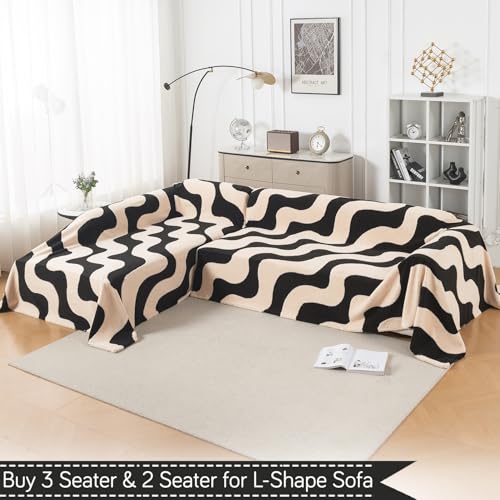 Image of HOKIPO Plush Sherpa Sofa Cover for 2 Seater Sofa | Thick Cozy Washable Sofa Throw | Full Protection Sofa Cover, 'Noirea Series' Wavy Stripe (180x250 cm) (AR-6652-D3)